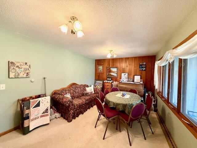 15497 Meiners Rd, Caledonia, MN 55921 - dining room with baseboards, wooden walls, a textured ceiling, and carpet