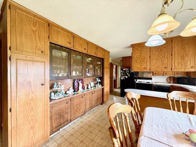 15497 Meiners Rd, Caledonia, MN 55921 - kitchen with brown cabinets, light countertops, black appliances, pendant lighting, and light floors