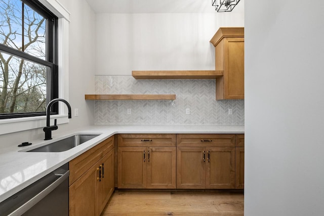 N1931 Linn Rd, Lake Geneva, WI 53147 - kitchen with backsplash, dishwasher, a sink, light countertops, and light wood finished floors
