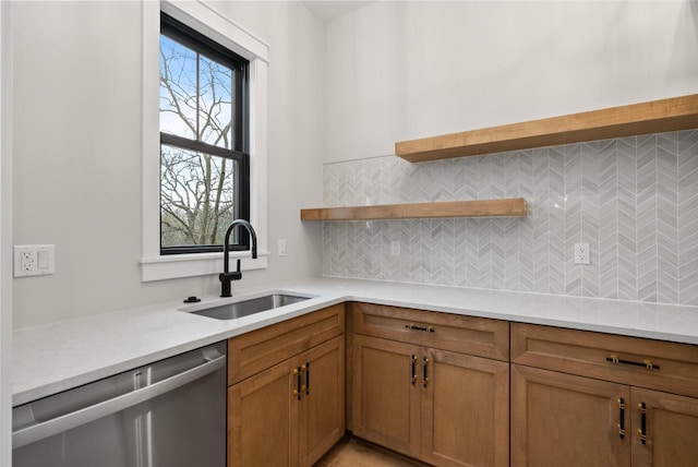 N1931 Linn Rd, Lake Geneva, WI 53147 - kitchen with tasteful backsplash, open shelves, dishwasher, a sink, and light countertops