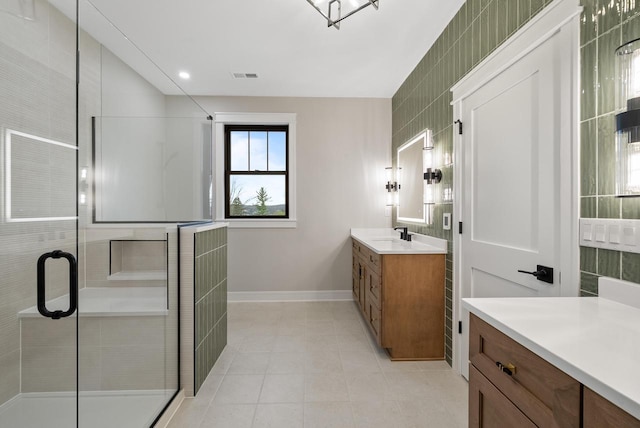 N1931 Linn Rd, Lake Geneva, WI 53147 - full bathroom with visible vents, baseboards, vanity, and a shower stall
