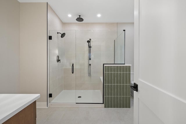 N1931 Linn Rd, Lake Geneva, WI 53147 - bathroom with recessed lighting, tile patterned floors, a shower stall, and vanity