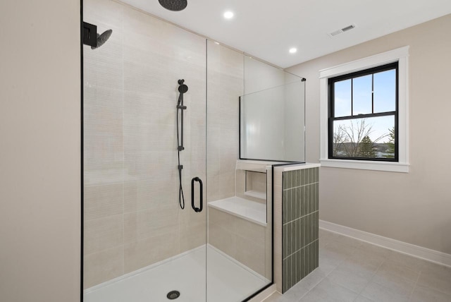 N1931 Linn Rd, Lake Geneva, WI 53147 - full bath featuring tile patterned flooring, recessed lighting, baseboards, a shower stall, and visible vents