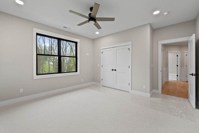N1931 Linn Rd, Lake Geneva, WI 53147 - unfurnished bedroom featuring recessed lighting, baseboards, visible vents, and ceiling fan