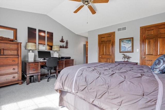 bedroom with lofted ceiling, visible vents, a ceiling fan, and light carpet