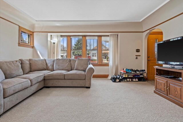 carpeted living room featuring arched walkways