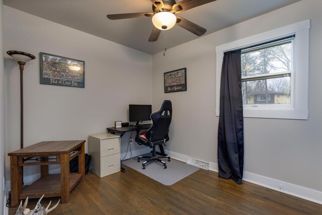 office area featuring baseboards, ceiling fan, dark wood-style floors, and visible vents