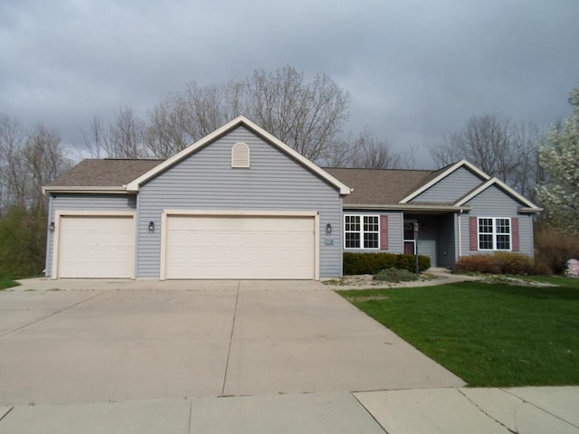 ranch-style house with concrete driveway, a front lawn, roof with shingles, and a garage