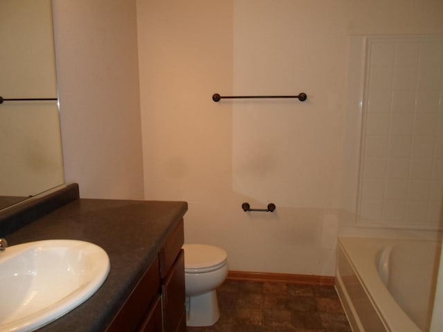 full bathroom featuring vanity, a shower, toilet, baseboards, and a bath
