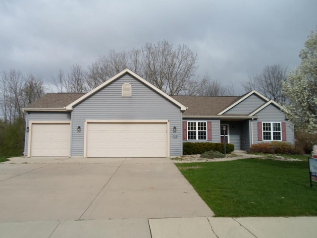single story home with a garage, a front lawn, roof with shingles, and driveway