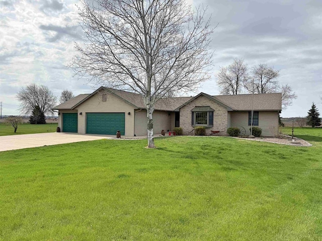 single story home featuring a garage, roof with shingles, driveway, and a front yard
