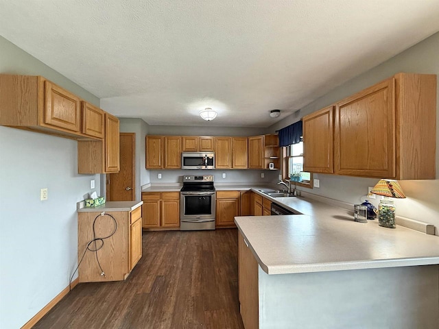 kitchen with a sink, stainless steel appliances, a peninsula, and dark wood finished floors