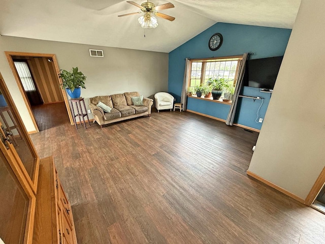 living room with baseboards, ceiling fan, dark wood finished floors, and visible vents