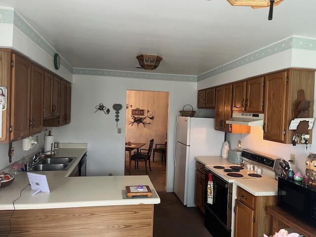 kitchen featuring black microwave, light countertops, electric range oven, under cabinet range hood, and a sink
