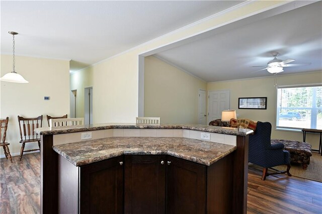 13585 Oswald Rd, Drummond, WI 54832 - kitchen featuring dark brown cabinetry, stone countertops, open floor plan, dark wood finished floors, and hanging light fixtures