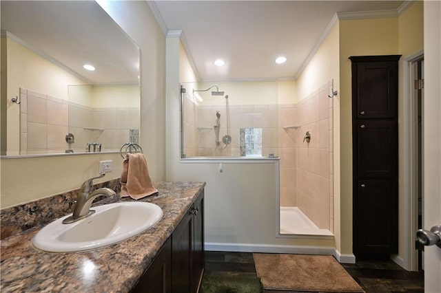 13585 Oswald Rd, Drummond, WI 54832 - full bathroom featuring a walk in shower, baseboards, ornamental molding, and vanity
