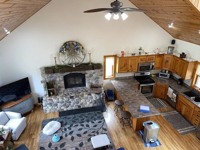 living room featuring a ceiling fan, high vaulted ceiling, wood ceiling, and light wood finished floors