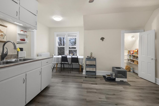 kitchen featuring white cabinetry, baseboards, a sink, and wood finished floors