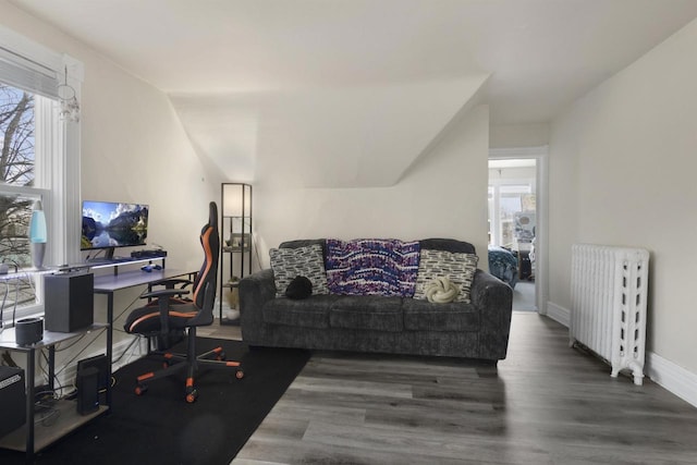office space with a healthy amount of sunlight, radiator, baseboards, and wood finished floors