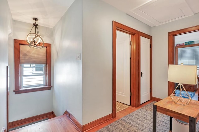 1517 Torrison Dr, Manitowoc, WI 54220 - hallway with wood finished floors, attic access, and baseboards