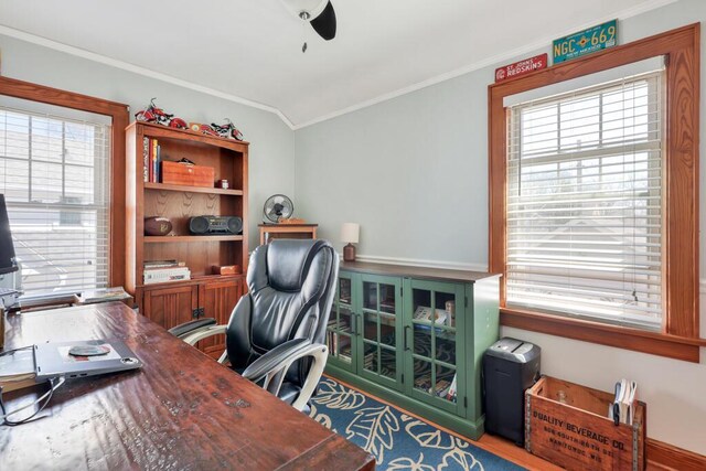 1517 Torrison Dr, Manitowoc, WI 54220 - office area with ornamental molding, plenty of natural light, and ceiling fan