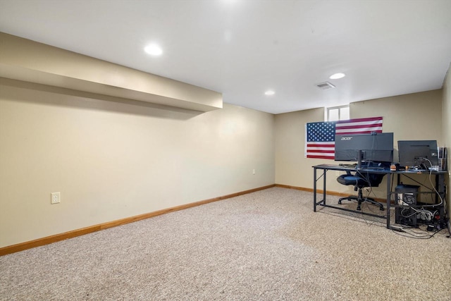 carpeted home office with visible vents, recessed lighting, and baseboards