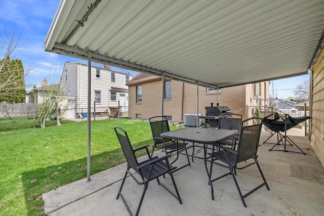view of patio / terrace featuring outdoor dining area, central AC unit, fence, and area for grilling