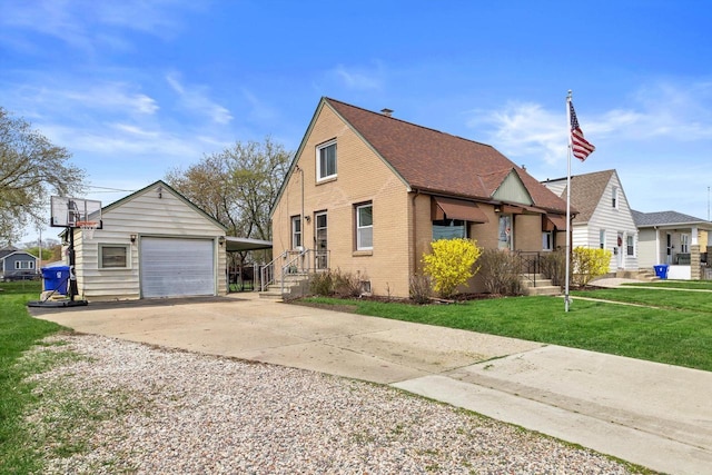 view of property exterior with an outdoor structure, a garage, brick siding, a lawn, and driveway