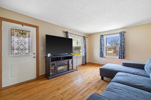 living area featuring baseboards, a textured ceiling, and wood finished floors