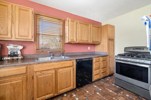 kitchen with a sink, dark countertops, stainless steel gas stove, and dishwasher