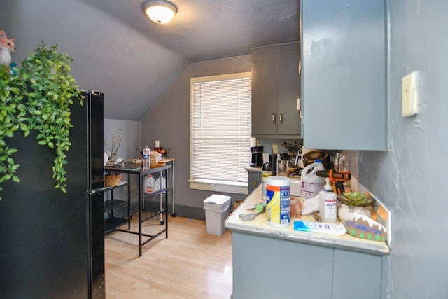bathroom featuring wood finished floors and lofted ceiling