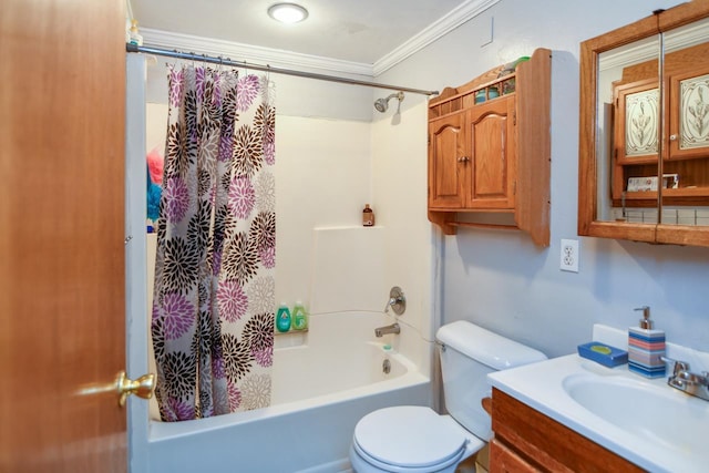 full bathroom featuring vanity, ornamental molding, toilet, and shower / bathtub combination with curtain