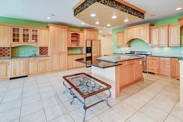 457 Union Rd, Brooklyn, WI 53521 - kitchen featuring light brown cabinetry, light tile patterned flooring, open shelves, recessed lighting, and premium appliances