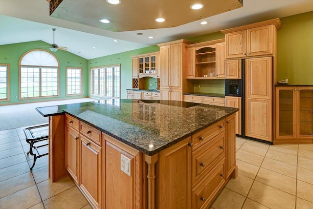 457 Union Rd, Brooklyn, WI 53521 - kitchen featuring recessed lighting, a ceiling fan, light tile patterned floors, and vaulted ceiling