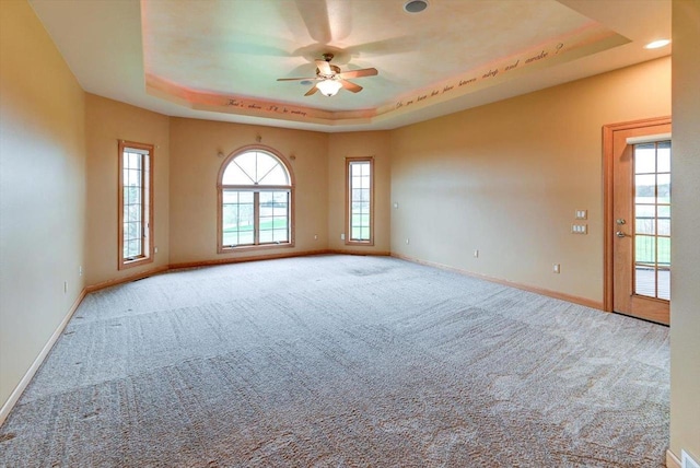 457 Union Rd, Brooklyn, WI 53521 - carpeted empty room with a ceiling fan, a tray ceiling, and baseboards