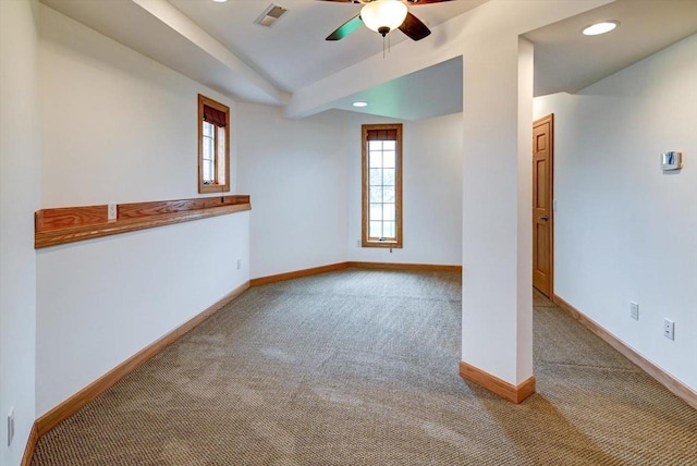 457 Union Rd, Brooklyn, WI 53521 - carpeted empty room with recessed lighting, ceiling fan, visible vents, and baseboards