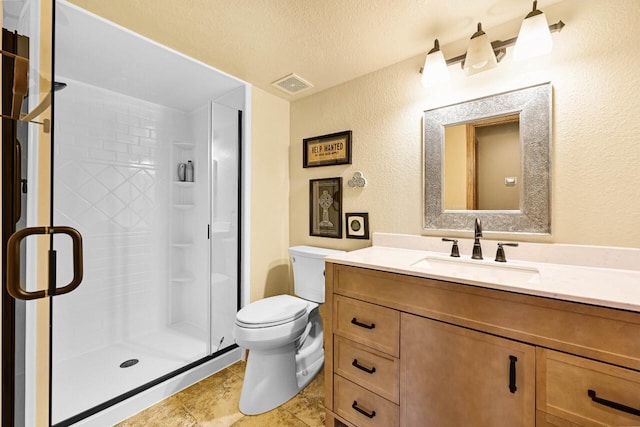 3500 Sequoia Cir, Waukesha, WI 53188 - bathroom featuring a textured wall, vanity, toilet, a shower stall, and visible vents