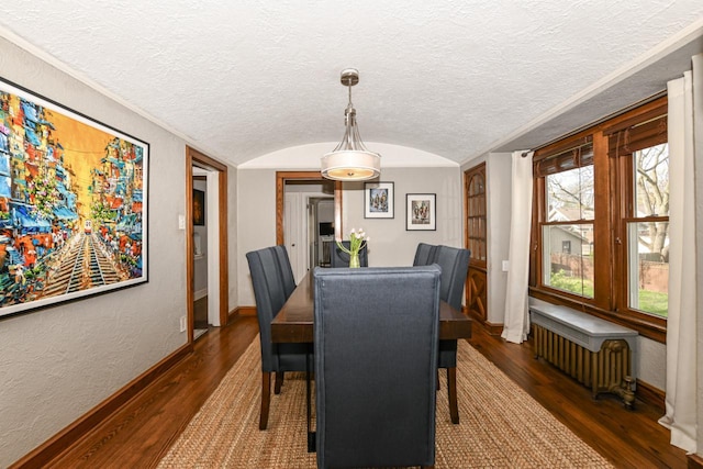 dining room featuring baseboards, a textured ceiling, radiator, and wood finished floors