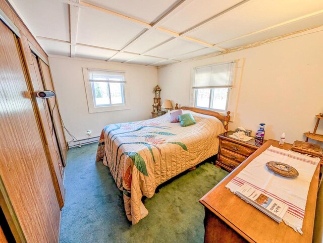 W7150 Maple Ridge Ln, Phillips, WI 54555 - carpeted bedroom featuring a baseboard radiator and coffered ceiling