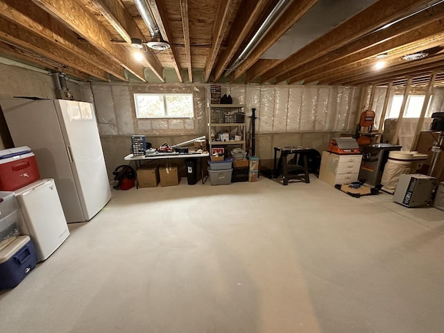 below grade area with fridge
