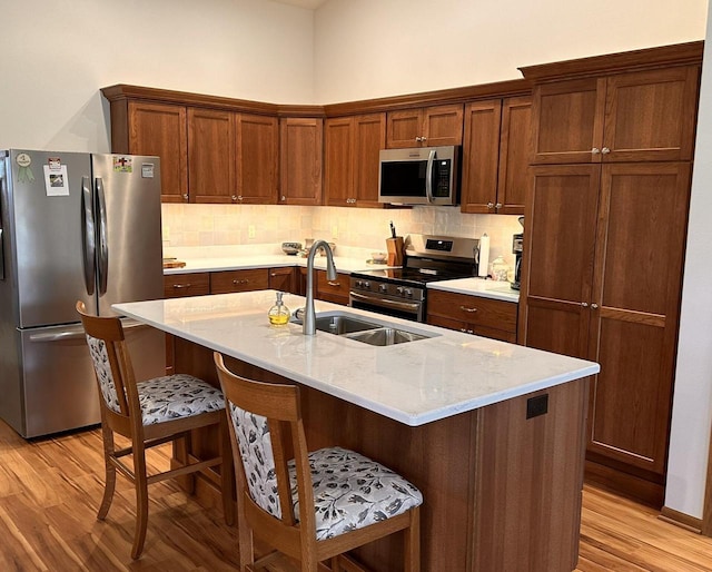 kitchen with a sink, light wood-style flooring, appliances with stainless steel finishes, and backsplash