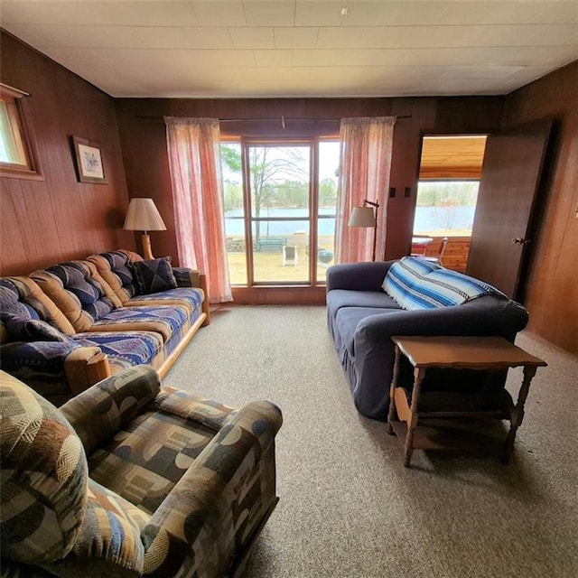 carpeted living area with a water view and wooden walls