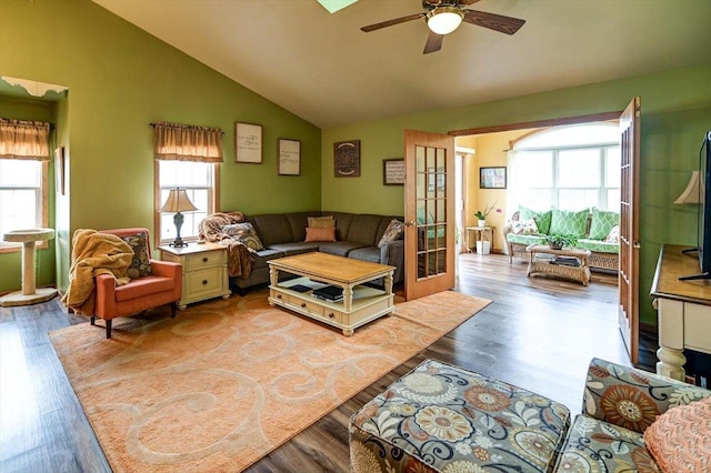 living area featuring ceiling fan, plenty of natural light, and wood finished floors