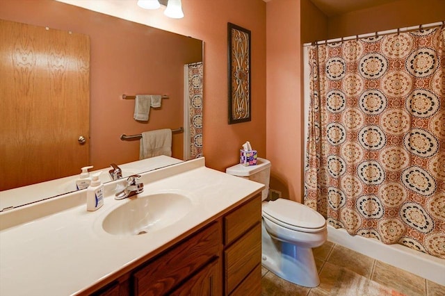 bathroom with toilet, tile patterned floors, a shower with shower curtain, and vanity