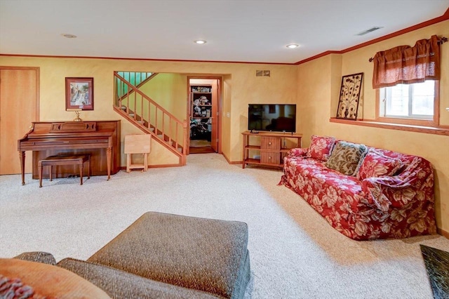 carpeted living room with stairway, crown molding, recessed lighting, and visible vents