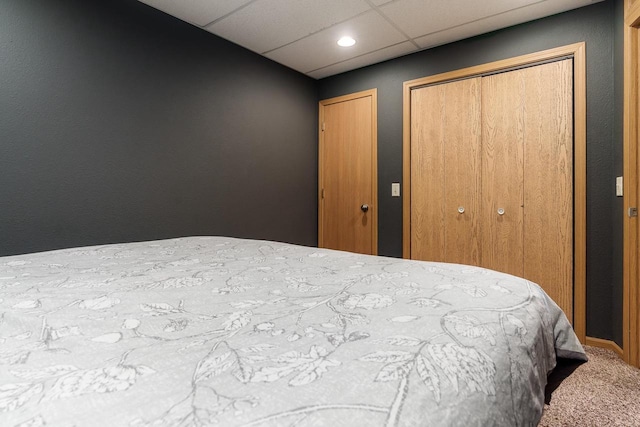 carpeted bedroom with multiple closets, baseboards, and a paneled ceiling