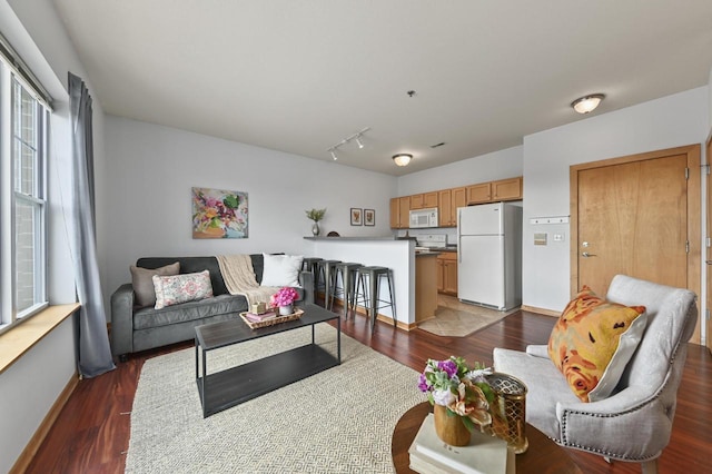 living room featuring baseboards, wood finished floors, and track lighting