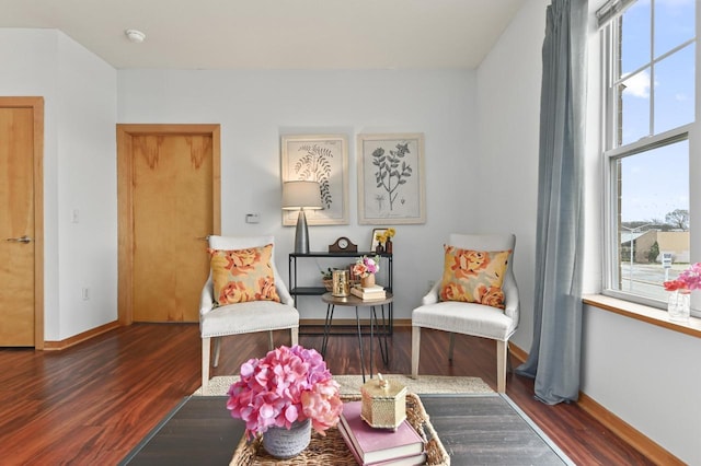 sitting room with baseboards, a wealth of natural light, and wood finished floors