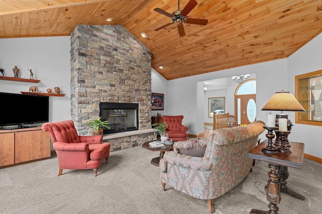 carpeted living area featuring a stone fireplace, wooden ceiling, baseboards, and ceiling fan with notable chandelier