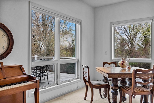 dining area with light colored carpet